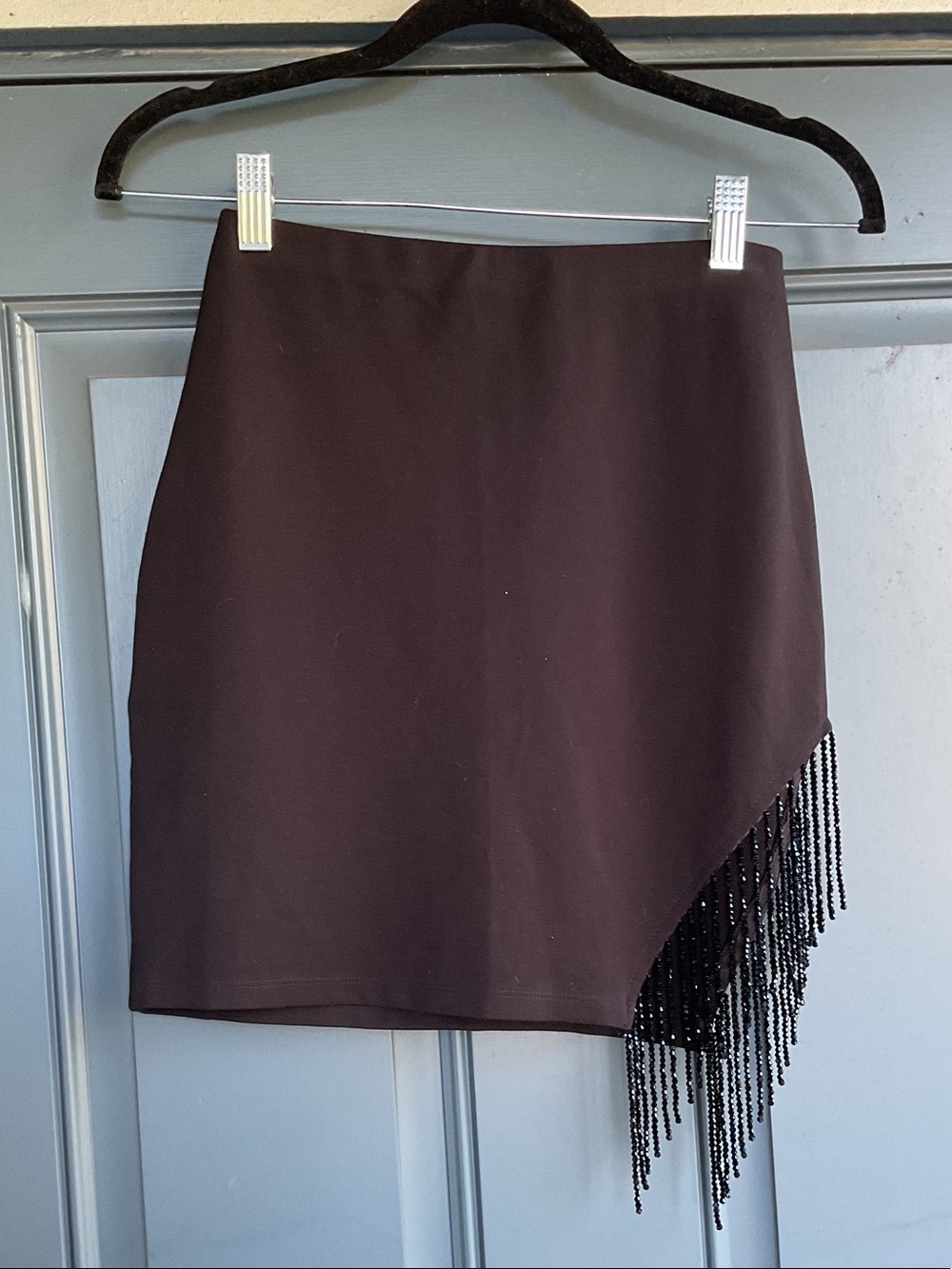NWT Windsor Black Asymmetric Beaded Fringe Mini Skirt, Size S